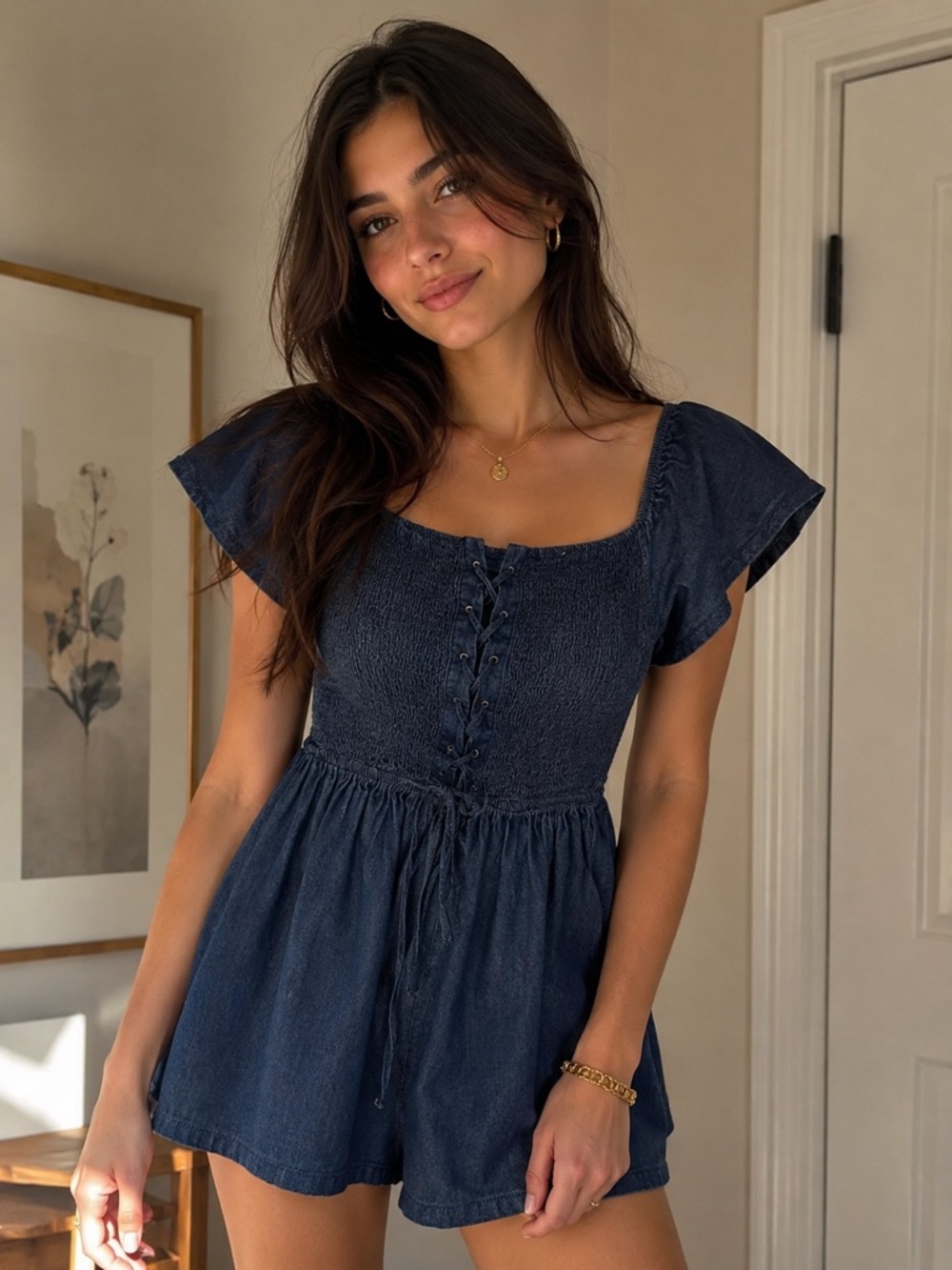 LOVE Denim Romper XL Sraight Lace Up Front Chambray Blue Boho Cottagecore
